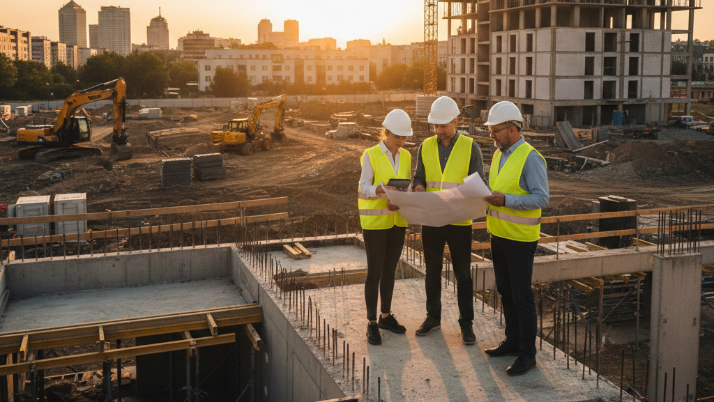 Obraz przedstawia realistyczną scenę na współczesnym placu budowy w dużym polskim mieście podczas „złotej godziny”
