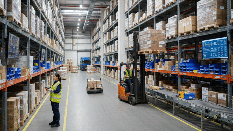 Obraz przedstawia realia pracy w nowoczesnym centrum logistycznym