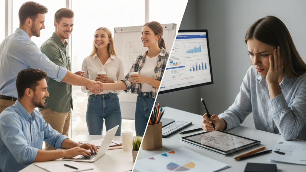 Obraz jest podzielony na dwie główne części, które realistycznie przedstawiają różne sytuacje zawodowe młodych ludzi